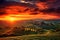 Beautiful Tuscany landscape at sunset. Italy, Europe. Beautiful sunset on the rolling hills of Tuscany, Italy, AI Generated