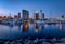 Beautiful twilight mood at the San Diego Marina, with yachts and the Marriott Marquis hotel reflected in the water