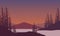 Beautiful twilight sky with incredible mountain views from the riverside. Vector illustration