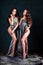 Beautiful twins young women with natural make-up and hair style posing naked covered with grey cloth