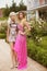 Beautiful two young women with blond hair, evening makeup, girls