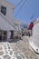 Beautiful Typical White and Blue Square With Restaurants In Chora Island Of Mikonos .Arte History Architecture