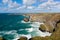 Beautiful UK coast Bedruthan Steps Cornwall England Cornish north coastline near Newquay on a beautiful sunny blue sky day