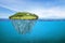 Beautiful underwater view of lone small island above and below the water surface in turquoise waters of tropical ocean