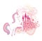 Beautiful unicorn and a pink fairytale castle , ornamental floral icon
