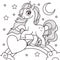 A beautiful unicorn with a saddle. Black and white line drawing. Vector