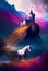 A beautiful unicorn stands against the backdrop of a castle and rocky mountains. AI Generated