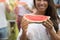 Beautiful Unrecognizable Woman Holding Slice Of Fresh Watermelon Happy Smiling While Meeting With Friends