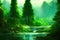 a beautiful untouched forest scene with a small lake, anime, ai generated image