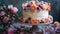 Beautiful unusual pretty tasty cake pie, birthday party sweet colourful realistic different greeting decorating.