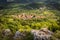 Beautiful upper view of village of crni kal in valley, on slovenian coast, in springtime