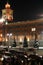 Beautiful urban winter night landscape, clock tower, Christmas trees covered with snow, lamppost with lights