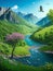 Beautiful valley with mountains view, river, greenery