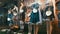 Beautiful various women`s national Bavarian costumes dirndl on shop window