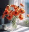beautiful vase bouquet home decoration floral poppy red background flower sunshine. Generative AI.