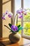 Beautiful vase with orchids on the window sill.