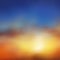 Beautiful vector background, natural phenomenon, brownish orange sunset or dawn, blue sky, blur, haze, clouds, sun