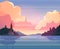 Beautiful vector background with sunlit mountains, hills, forest and lake house.