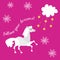 Beautiful vector card Follow your dreams with cute funny horse, stars and cloud on lilac background