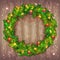 Beautiful vector Christmas wreath made of green fir tree branches with red balls and beads, golden foiled stars and shiny sparkles