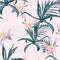 Beautiful vector floral seamless pattern background with agave, palm leaves and exotic flowers.