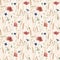 Beautiful vector floral seamless pattern with watercolor hand drawn field wild cornflower poppy flowers. Stock