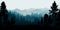 A beautiful vector illustration of a misty forest landscape with coniferous trees in silhouette. The evergreen trees, mountains,