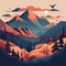 Beautiful vector landscape illustration - warm sunrise over mountains and forest.