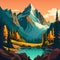 Beautiful vector landscape illustration - warm sunrise over mountains, lake and forest.