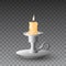 Beautiful vector of realistic yellow burning candle on metal candlestick on transparent background