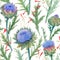 Beautiful vector seamless floral pattern with watercolor gentle blue blooming artichoke flowers. Stock illustration.