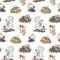 Beautiful vector seamless forest pattern with cute watercolor hand drawn wild animals snake mouse frog and berries