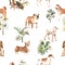 Beautiful vector seamless pattern with cute watercolor hand drawn dog breeds Cocker spaniel Greyhound Basset hound