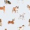 Beautiful vector seamless pattern with cute watercolor hand drawn dog breeds Cocker spaniel Greyhound Basset hound