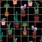 Beautiful Vector seamless pattern with different cactus in many kind of pots on window check white line ,Hand drawing background