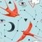 Beautiful vector seamless pattern with watercolor birds, moons and eyes. Stock illustration.