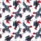 Beautiful vector seamless pattern with watercolor black roosters. Stock illustration.