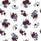 Beautiful vector seamless pattern with watercolor dark blue, red and black dahlia hydrangea flowers. Stock illustration.