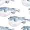 Beautiful vector seamless pattern with watercolor globe fish. Stock illustration.