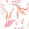 Beautiful vector seamless pattern with watercolor herbarium wild dried grass in pink and yellow colors. Stock