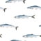 Beautiful vector seamless pattern with watercolor herring fish. Stock illustration.