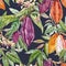 Beautiful vector seamless tropical pattern with hand drawn watercolor cocoa fruits and leaves. Stock illustration.