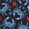 Beautiful vector seamless underwater pattern with watercolor blue crabs and starfish. Stock illustration.