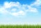 Beautiful vector sunny lawn or meadow with fluffy clouds and sun