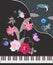 Beautiful vertical card with a grand piano, bouquet of garden flowers, small fluttering fairy and winged elf in vector