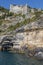 Beautiful vertical view of the Byron cave and the Doria Castle of Portovenere, Liguria, Italy