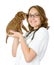 Beautiful veterinarian with puppy sharpei dog