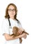 Beautiful veterinarian with puppy sharpei dog.