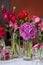 beautiful and vibrant bouquets of flowers in a vase, pink bouquets to decorate a wedding or holiday