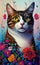 Beautiful and vibrant painting depicts a charming cat gracefully nestled among a mesmerizing array of colorful flowers.